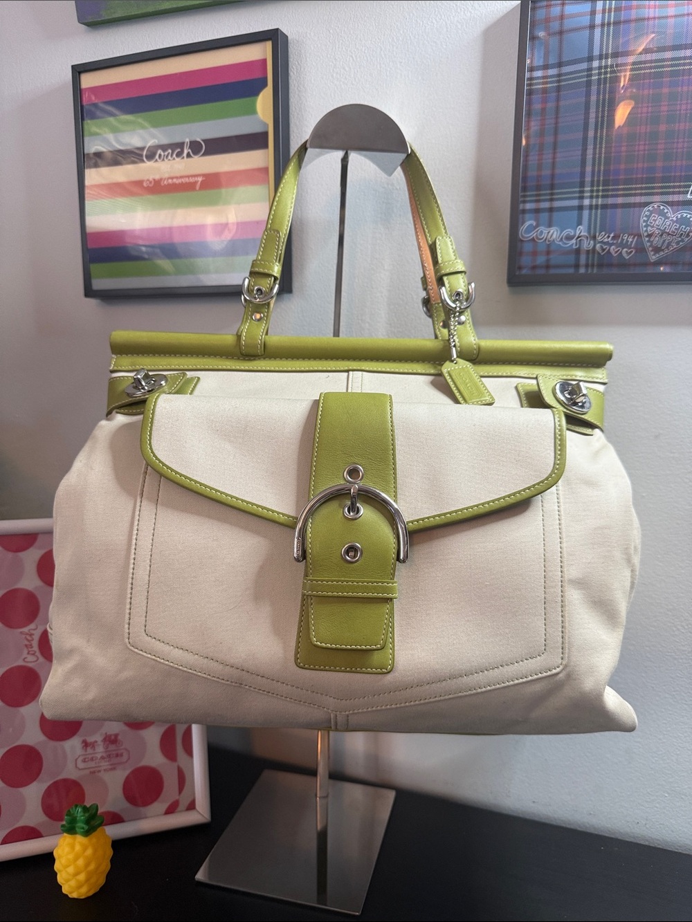 Coach Vintage Hamptons Cream Canvas Tote with Lime Green Leather Trim